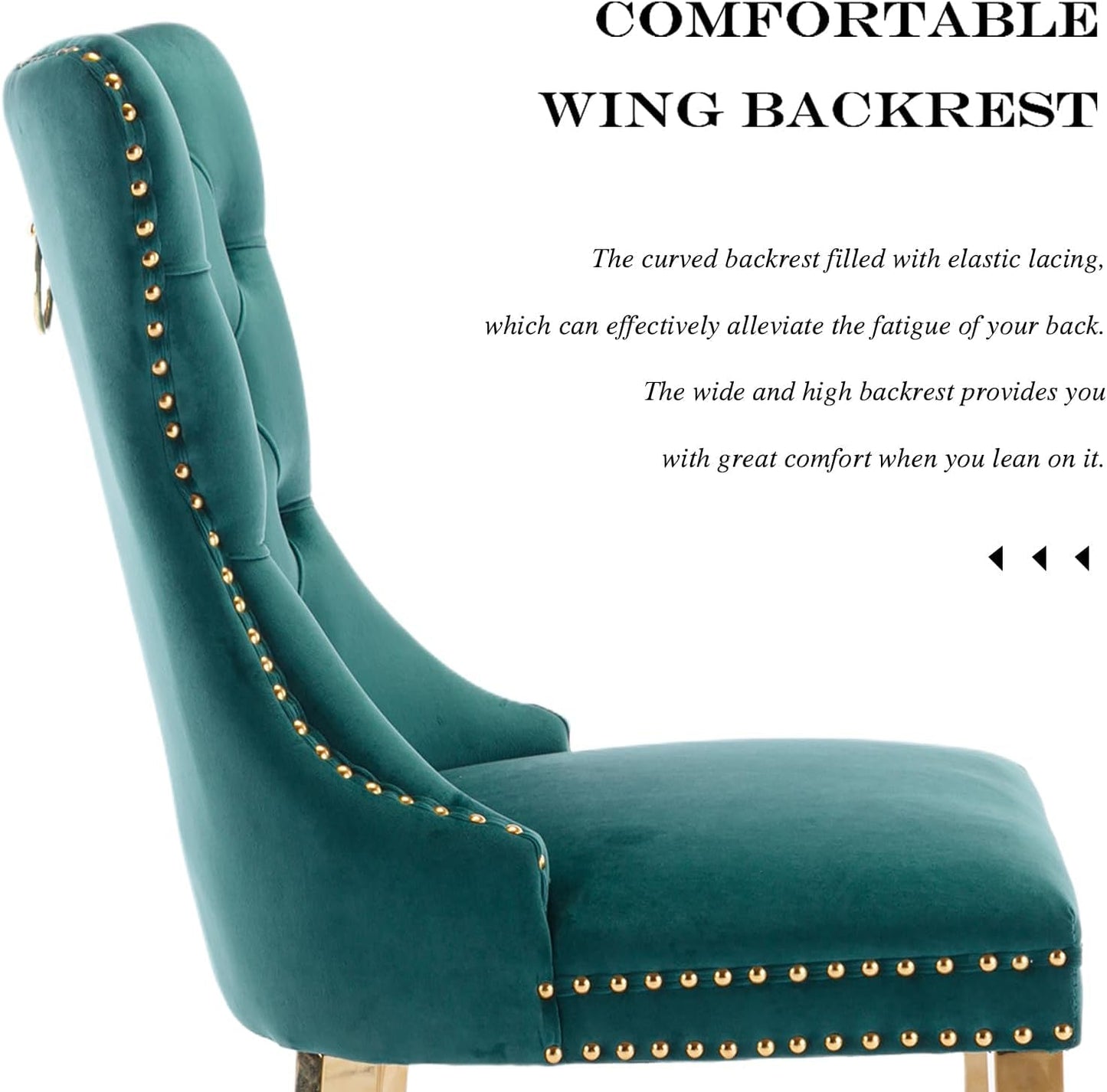 Velvet Dining Chair Set of 2, Upholstered Tufted Dining Room Chair with Nailhead Trim and Stainless Steel Gold Plated Leg for Kitchen, Green-3