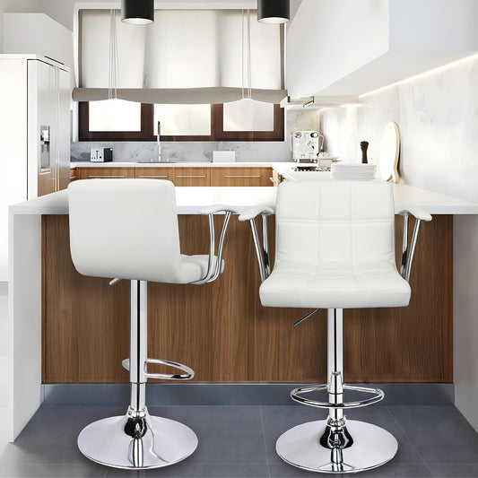 Bar Stools Set of 2,Armrest Adjustable Swivel Barstools with Back,Double Needle PU Leather Counter Height Bar Stools for Kitchen Island, White-1