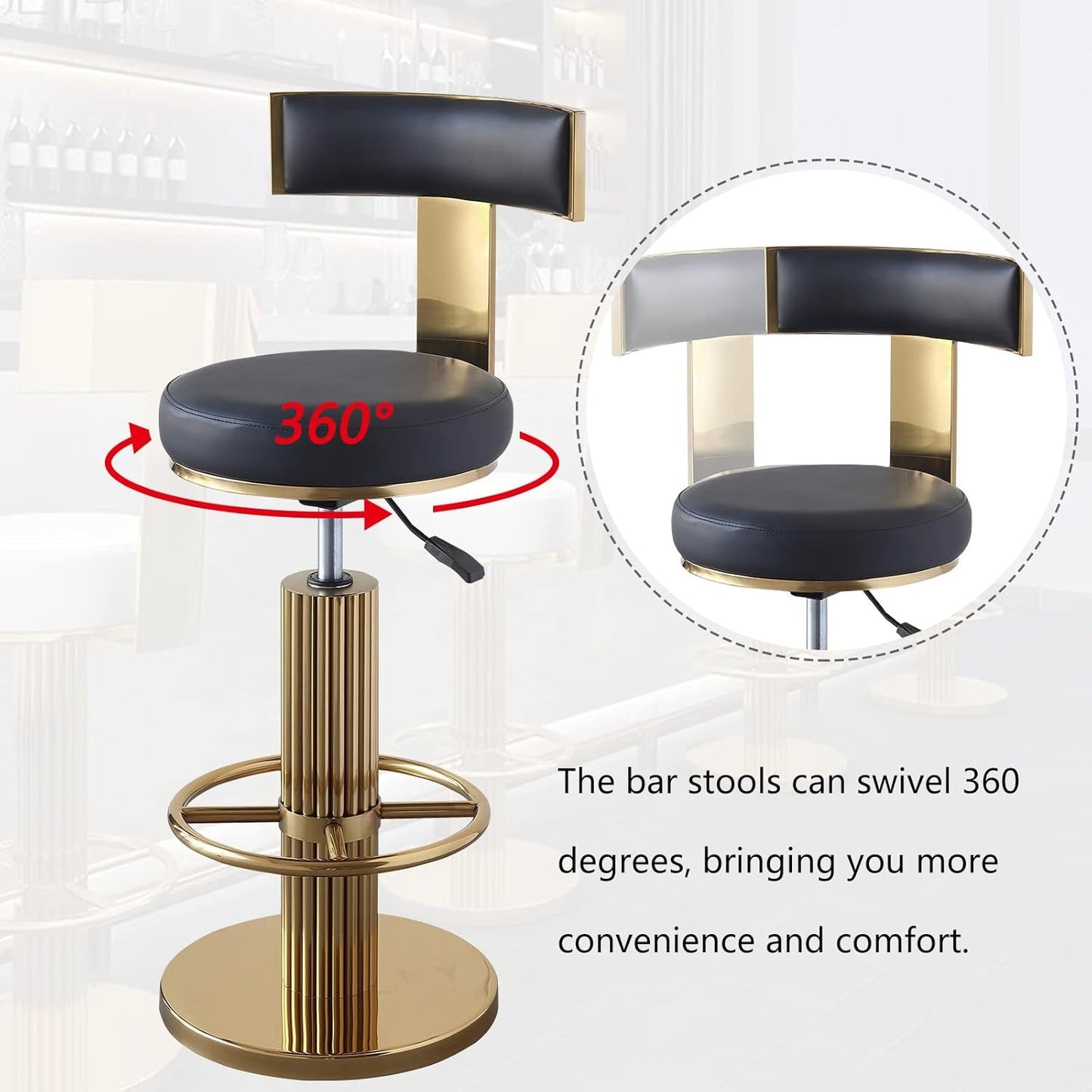 Swivel Bar Stools with Backrest, Modern Adjustable Height Counter Stool with Metal Legs and Comfortable Cushion, Black and Gold Bar Chair for Kitchen Island Counter (Black)-4