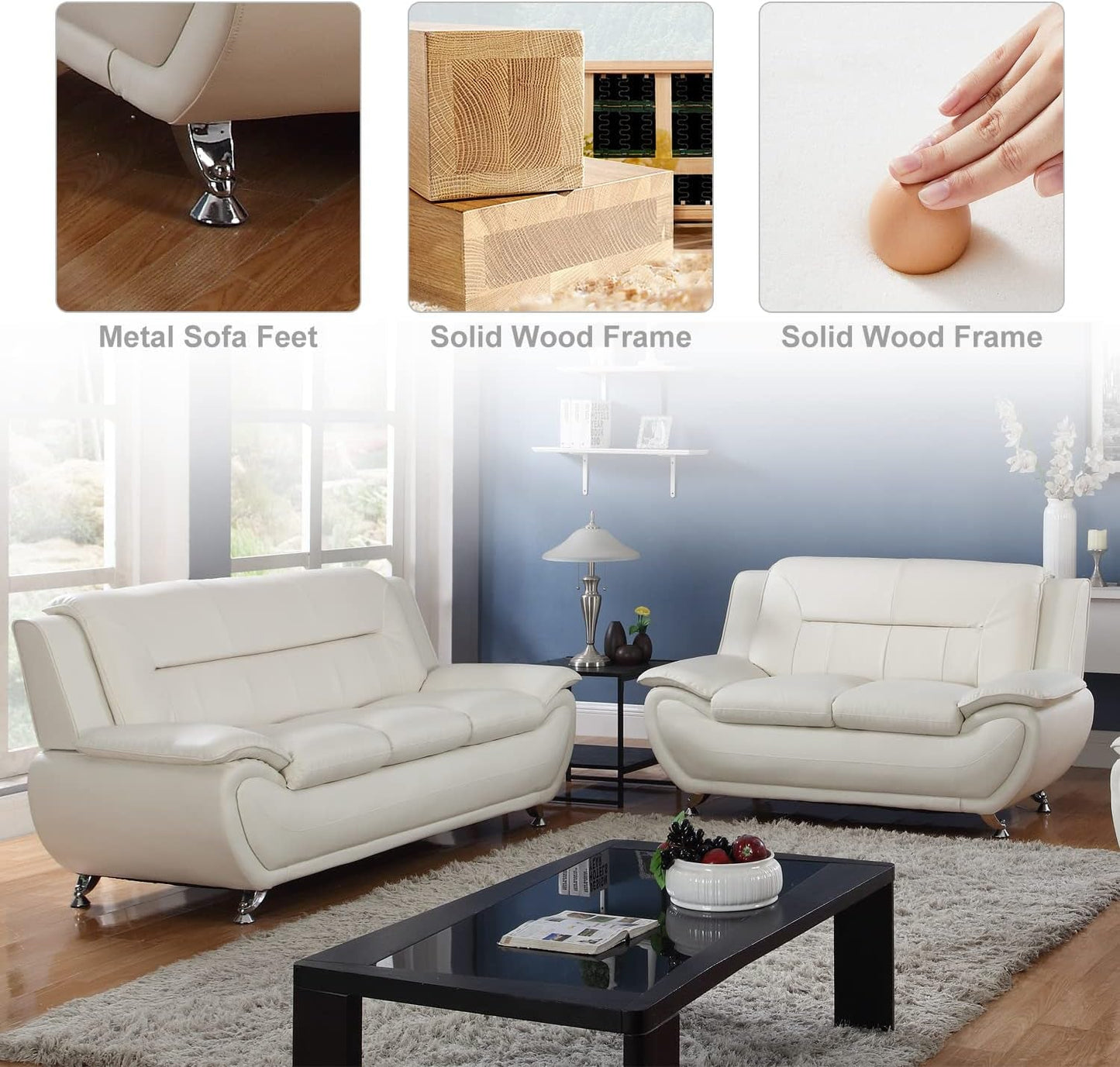 Faux Leather Sofa Couch Set, Living Room Sofa and Loveseat Set, Leather Couch and Loveseat Set for Living Room Office Home (2 Piece Leather Living Room Set, Cream White)-2