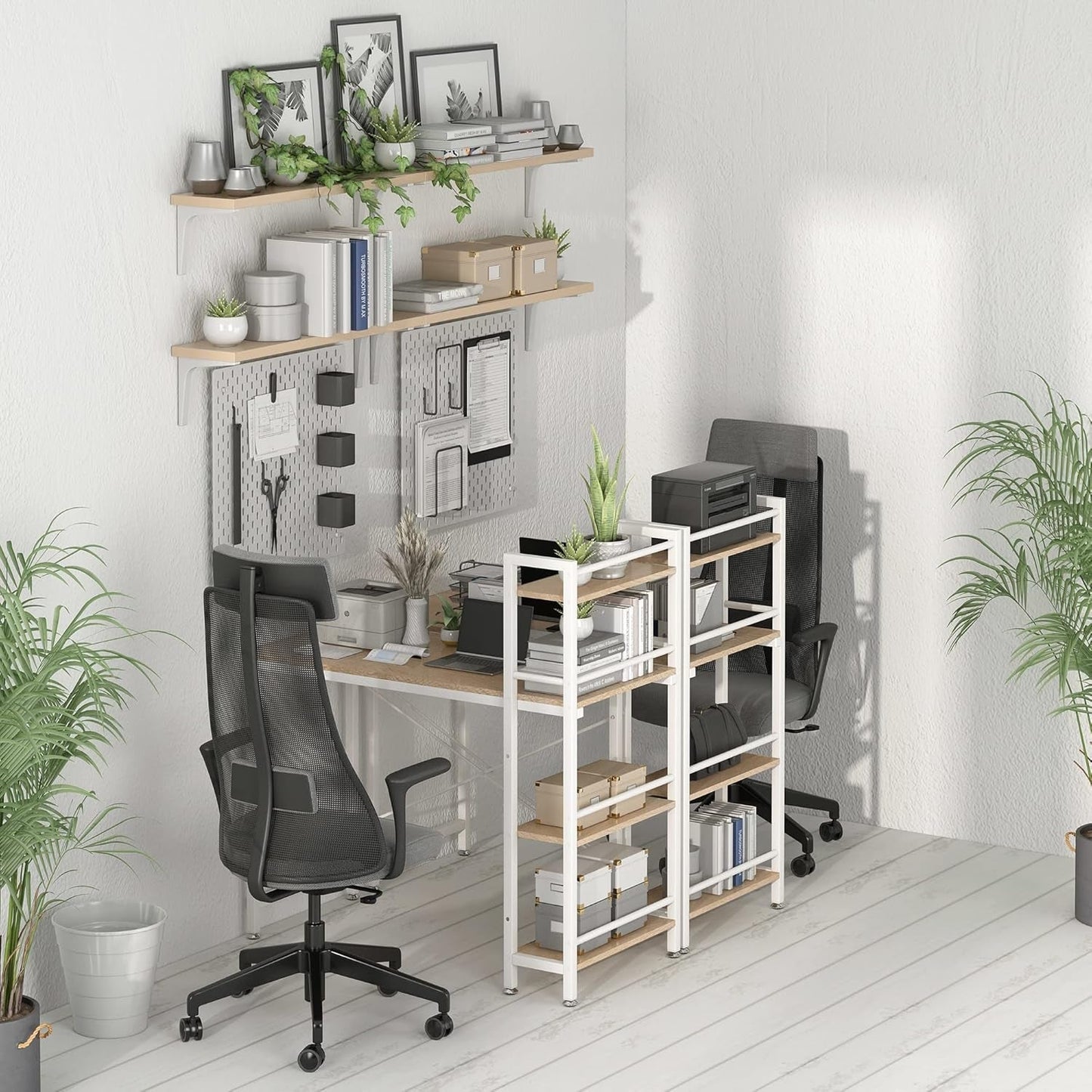 35" Small Computer Desk with 4-Tier Bookshelf, Home Office Desk Writing Workstation Study Table Multipurpose for Small Space Work - Natural and White-4