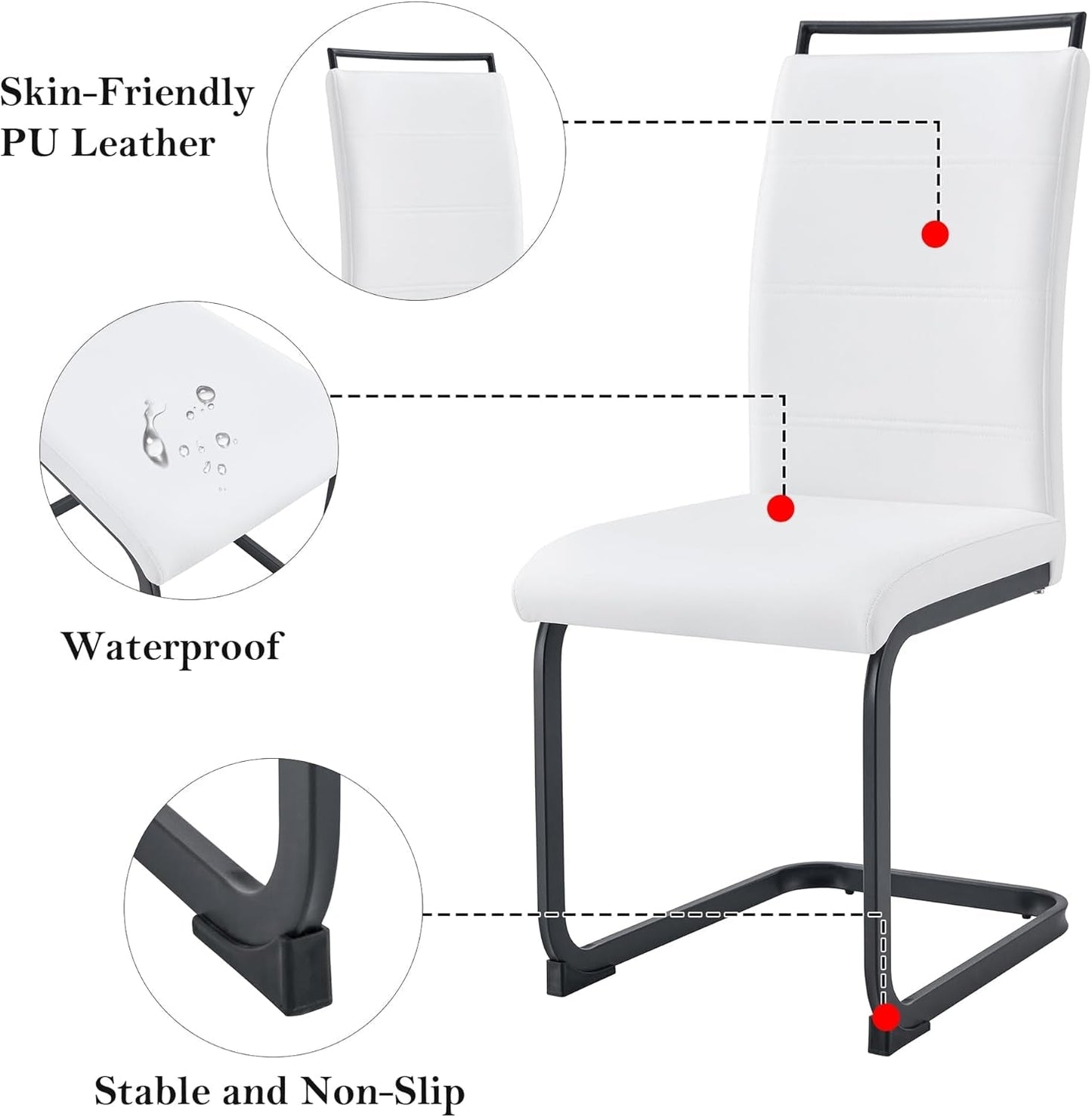 Modern Dining Chairs Set of 4, PU Faux Leather High Back Upholstered Dining Room Side Chair with Horizontal Stripe Backrest Design for Kitchen Living Room Dinner Chairs, White with Black Legs-2