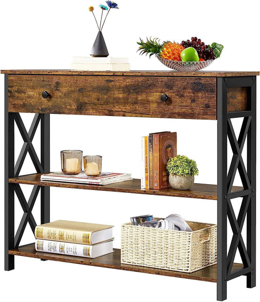 Rustic Brown Industrial Console Table with Drawer-1