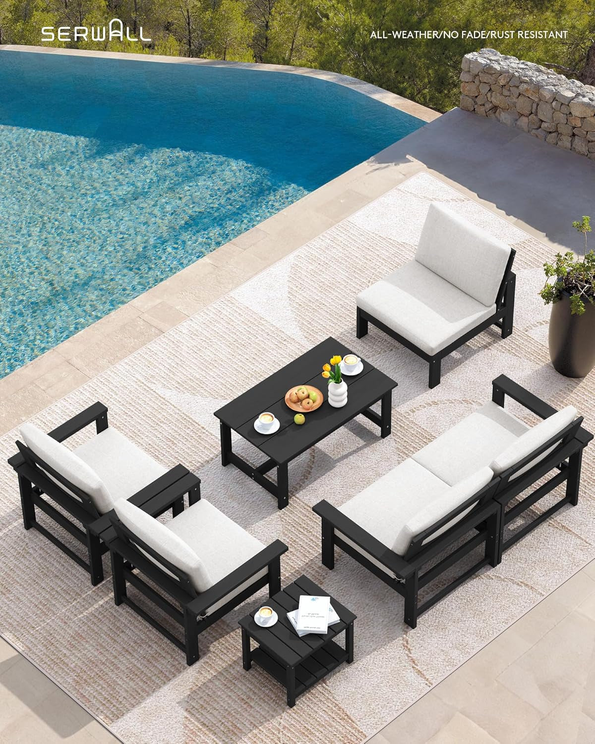 HDPE Outdoor Patio Furniture Set, 7-Piece Outdoor Sectional Patio Conversation Set, All Weather Outdoor Couch Set Patio Sofa Set for Deck, Lawn, Black Frame with Khaki Cushion-4