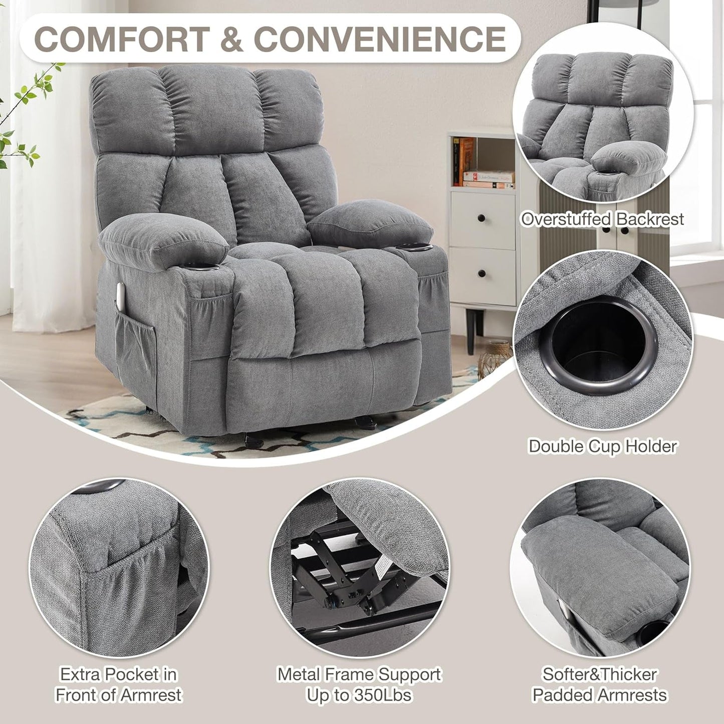 Massage Rocker Recliner Chair with Heat and Vibration Ergonomic Rocking Lounge Chair for Living Room Comfy Overstuffed Recliner with 4 Side Pockets,2 Cup Holders, USB Charge Port, Grey-4