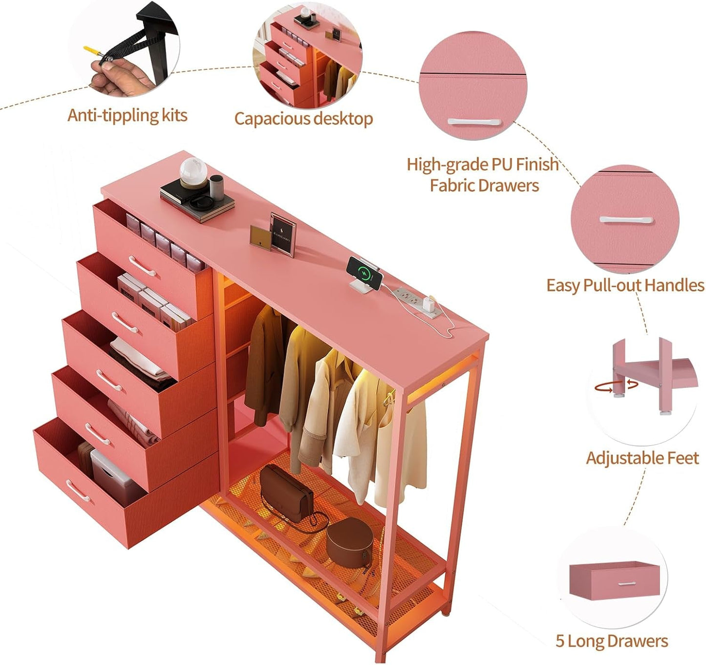 Dresser for Bedroom, Dresser with Hanging Rack Led Lights and Charging Station, Tall Dresser with 5 Fabric Chest of Drawers with PU Finish Storage Organizer, for Living Room Kids Room Closet, Pink-4
