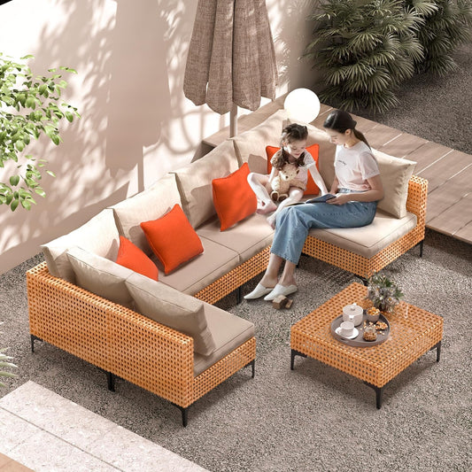 5 Piece Outdoor Patio Furniture Set Modular Outdoor Furniture Set Wicker Outdoor Sectional Sofa with Cushions Table Patio Set for Balcony Porch Deck Yard (Salmon&Orange Wicker, Sand Cushion)-1