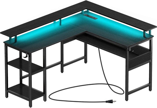 L-Shaped Computer Desk with LED Strip, Black-1