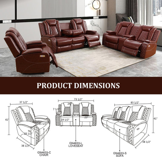 Power Reclining Sofa Set, Living Room Furniture Set with USB Ports, Leather Recliner Couches Set for Living Room/Apartment/Office/Home Theather (Burgundy, Sofa+Loveseat+Chair)-1