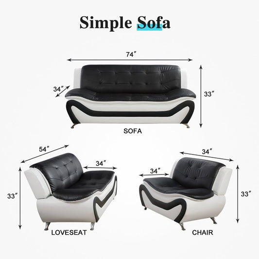 Leather Sofa Set for Living Room 3 Piece Living Room Furniture Set Modern Couch Set with 3-Seater Sofa, Loveseat and Armchair (Black&White)-1