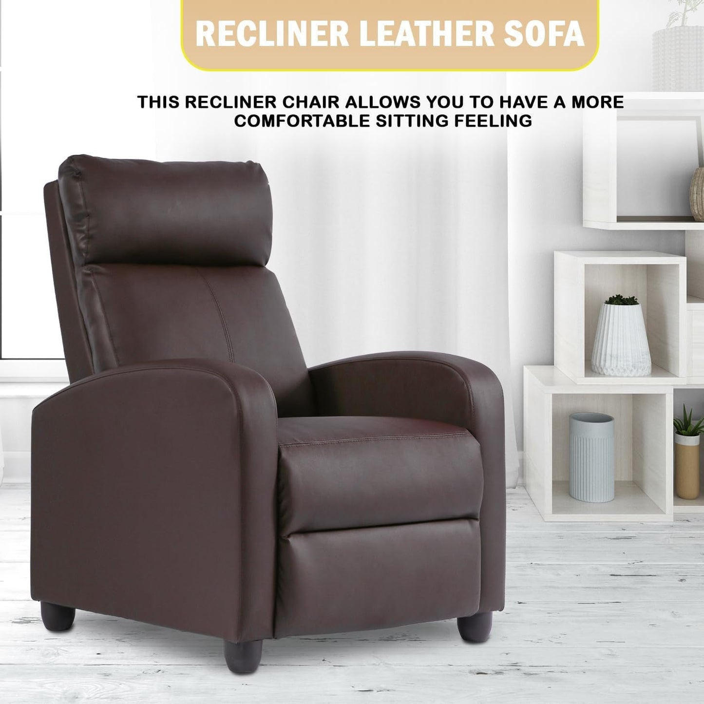 Recliner Chair Single Reclining Sofa Home Theater Seating with Lumbar Support and Padded Backrest for Living Room and Bedroom (Leather, Brown)-2