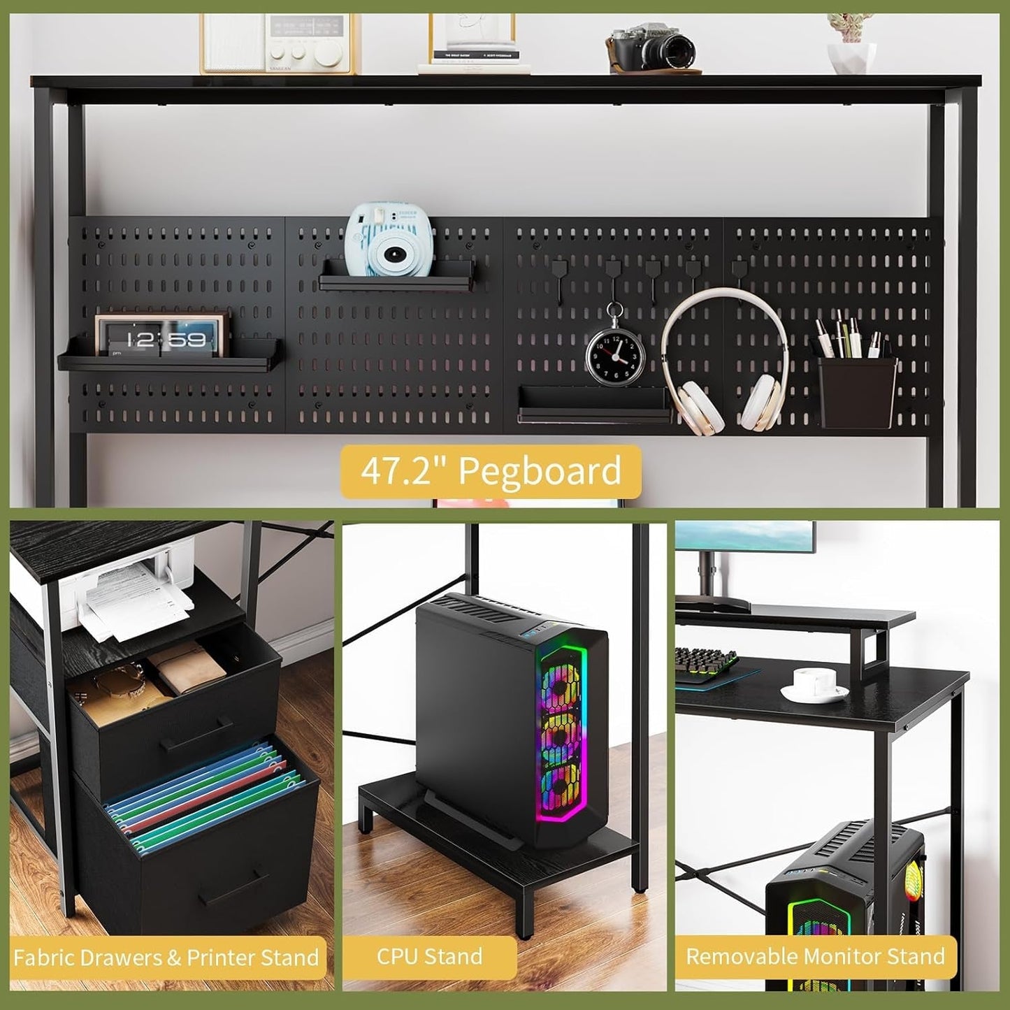 L Shaped Desk with Pegboard, Reversible Computer Desk with Drawers & Storage Shelves, Gaming Desk with LED Lights & Power Outlets, Office Desk with Monitor Stand Corner Desk Home Office Desks-4