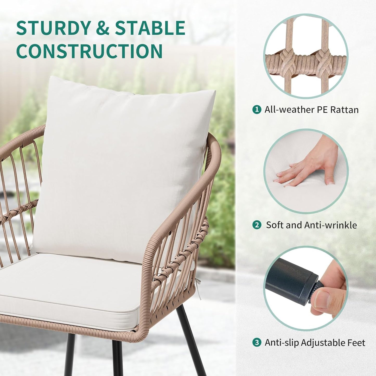 3 Pieces Outdoor Wicker Patio Conversation Bistro Set, All-Weather Rattan Patio Furniture Set with Table & Cushions, Outdoor Sectional Sofa for Patio, Balcony, Backyard, Deck-4