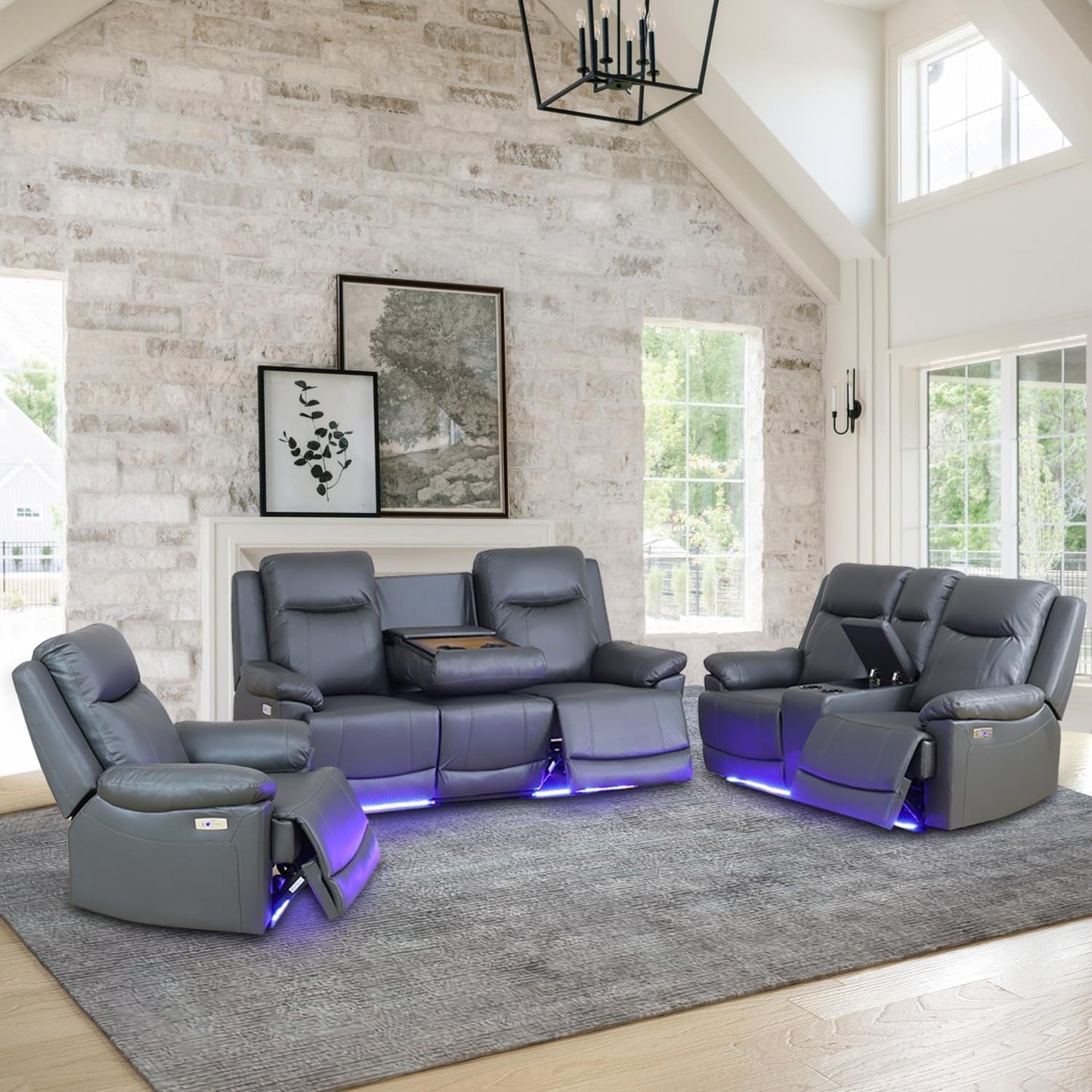 Power Leather Recliner Sofa Set with LED Lights,Living Room Furniture Set, Leather Sofa Set with USB Port/Storage Console/Cup Holders(Recliner Sofa Set) Dark Grey-0