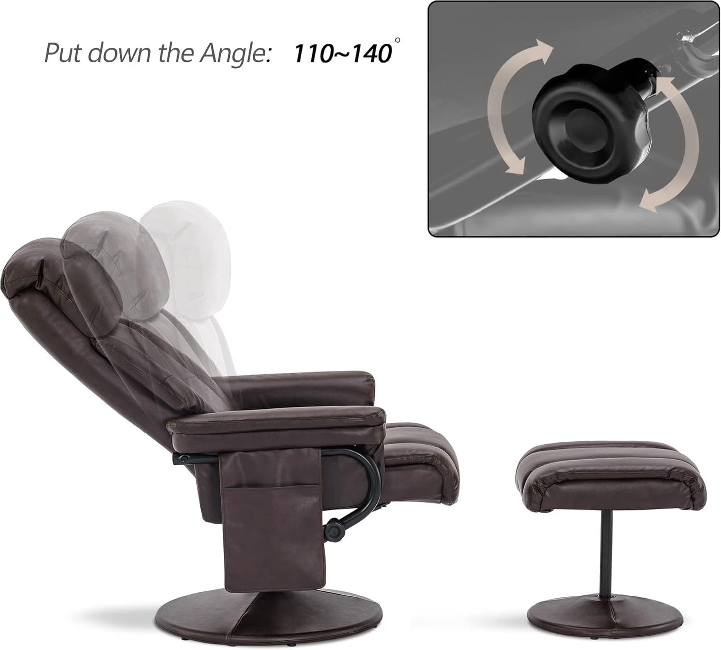 Swivel Recliner with Ottoman, TV Chair with Vibration Massage, Ideal for RV Small Space, Living Room & Bedroom 4539 4828 (Faux Leather, Dark Brown)-4