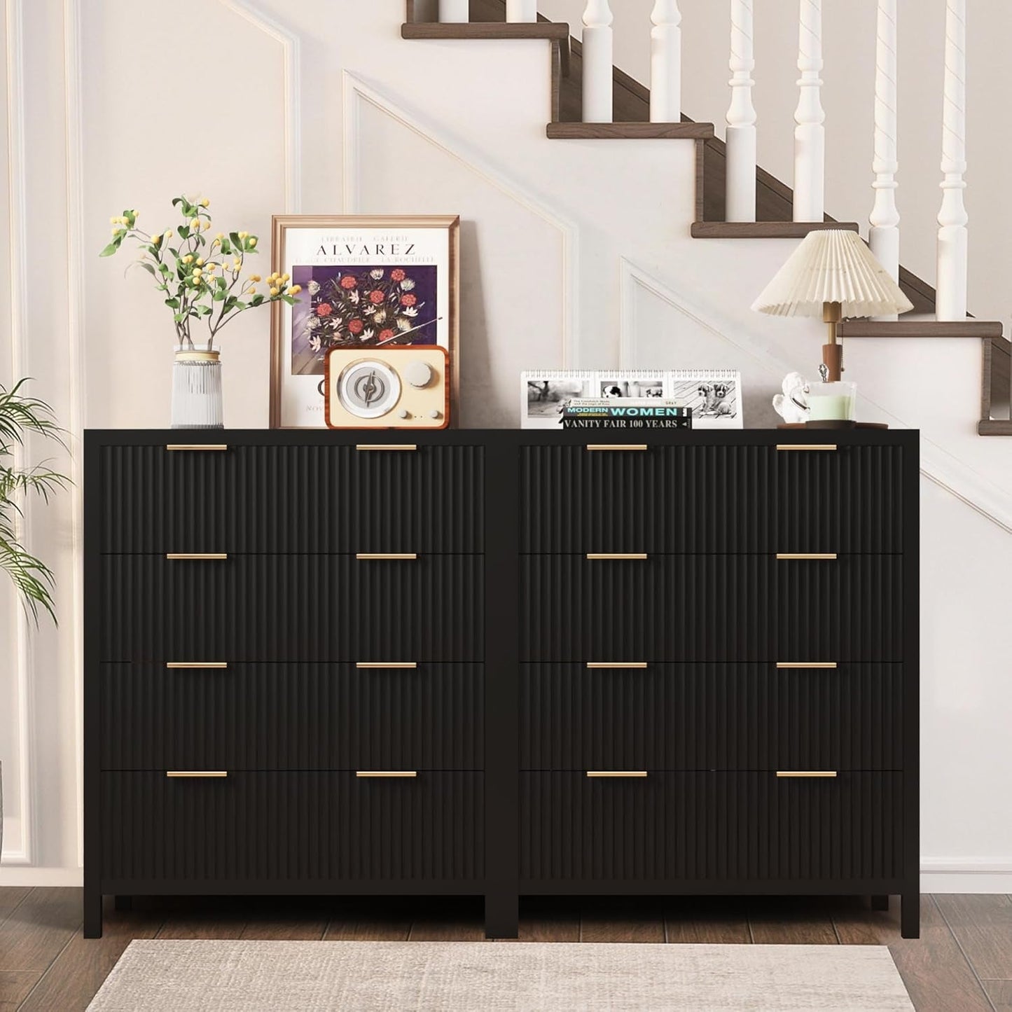 4 Drawer Dressers for Bedroom, Modern Closet Chest of Drawers with Waveform Fluted Panel, Large Wood Storage Dresser Organizer for Nursery Bedroom Living Room Hallway Closet, Black-4