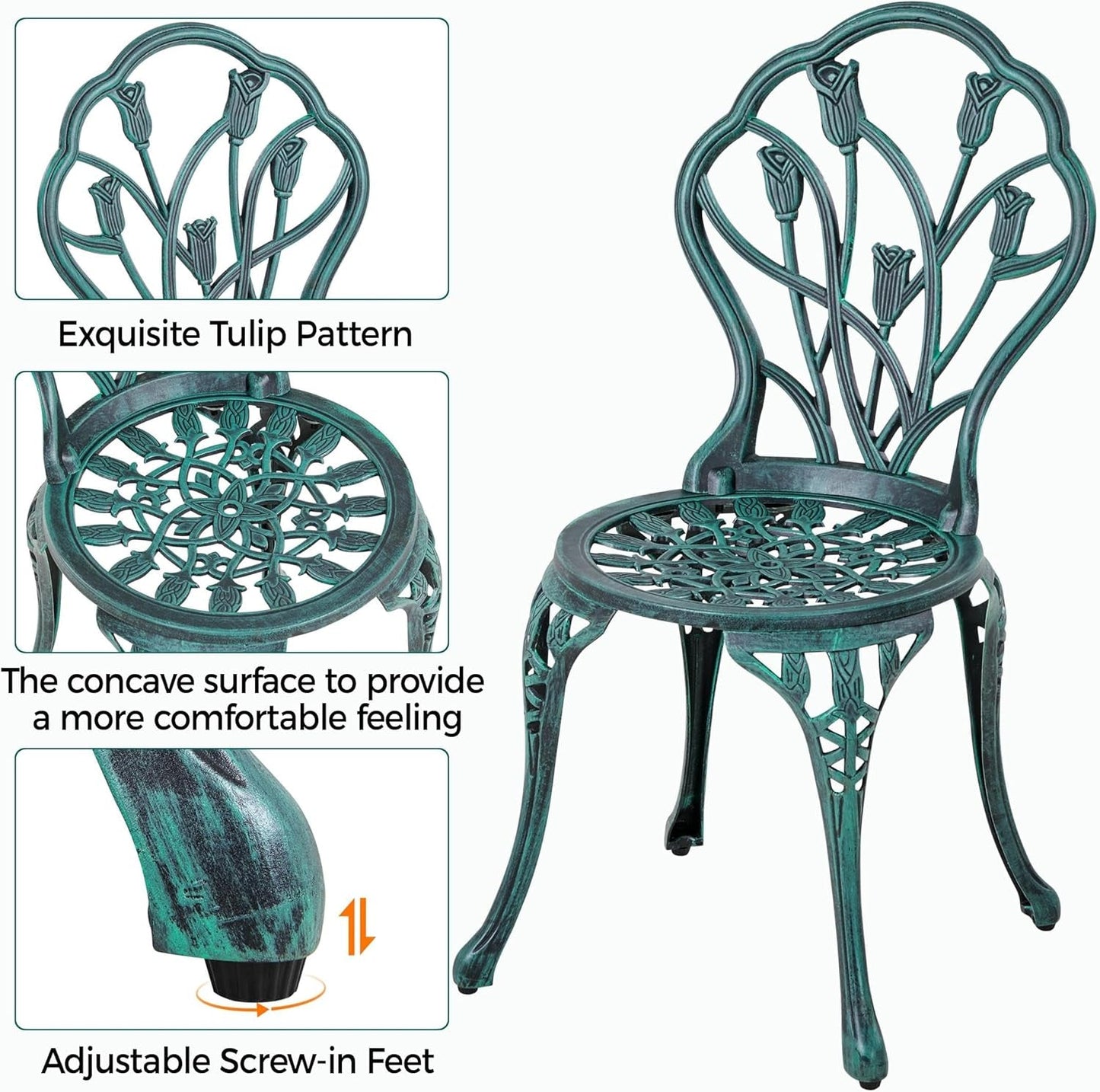 Patio Bistro Sets 3 Piece Cast Aluminum Bistro Table and Chairs Set, Cast Aluminum Bistro Table and Chairs Set of 2 with Umbrella Hole for Patio Backyard Balcony, Green-4