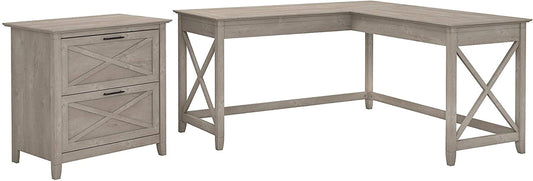 Washed Gray L-Shaped Desk W/ File Cabinet-1
