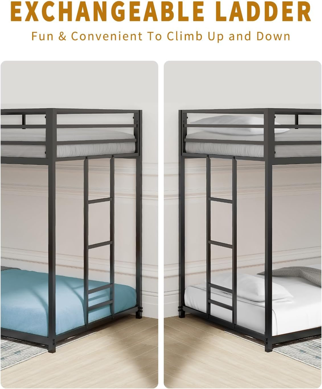 Twin over Twin Bunk Bed - Lifesky Metal Low Profile Bunkbed with Side Ladder Black-4
