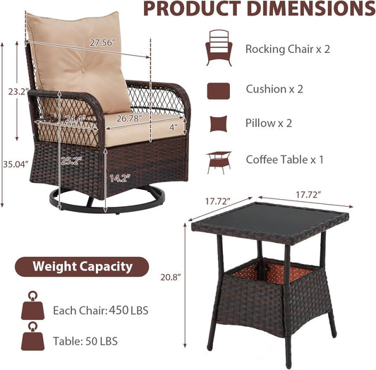 3 Piece Patio Set, Outdoor Swivel Rocker Patio Chairs with Thick Cushions and Glass Table for Balcony Front Porch Poolside Garden Deck, Beige-1