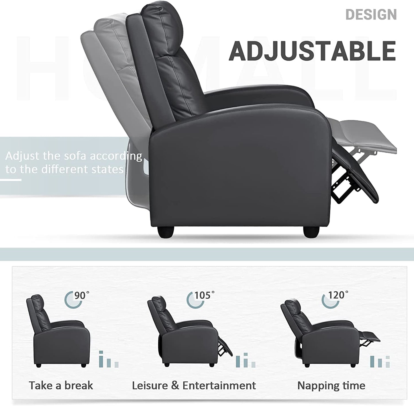 Recliner Chair, Recliner Sofa for Adults, Recliners Home Theater Seating with Lumbar Support, Reclining Sofa Chair for Living Room (Leather, Dark Black)-3