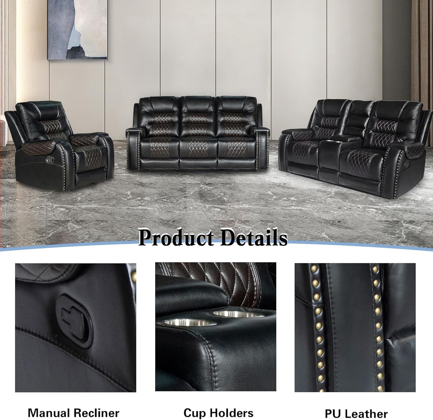PU Leather Sofa Set, 3 Pieces Living Room Set with Cup Holders, Manual Recliner Sofa &Loveseat & Chair, Black-4