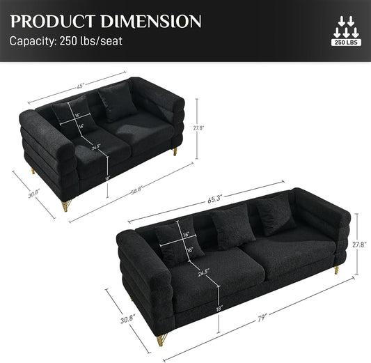 Living Room Sofa Couch and Loveseat Set, Modern Comfy Boucle Sherpa Deep Seat Cloud Couch with 5 Pillows, Oversized Sofa Furniture Sets for Living Room Bedroom, Black Teddy-1