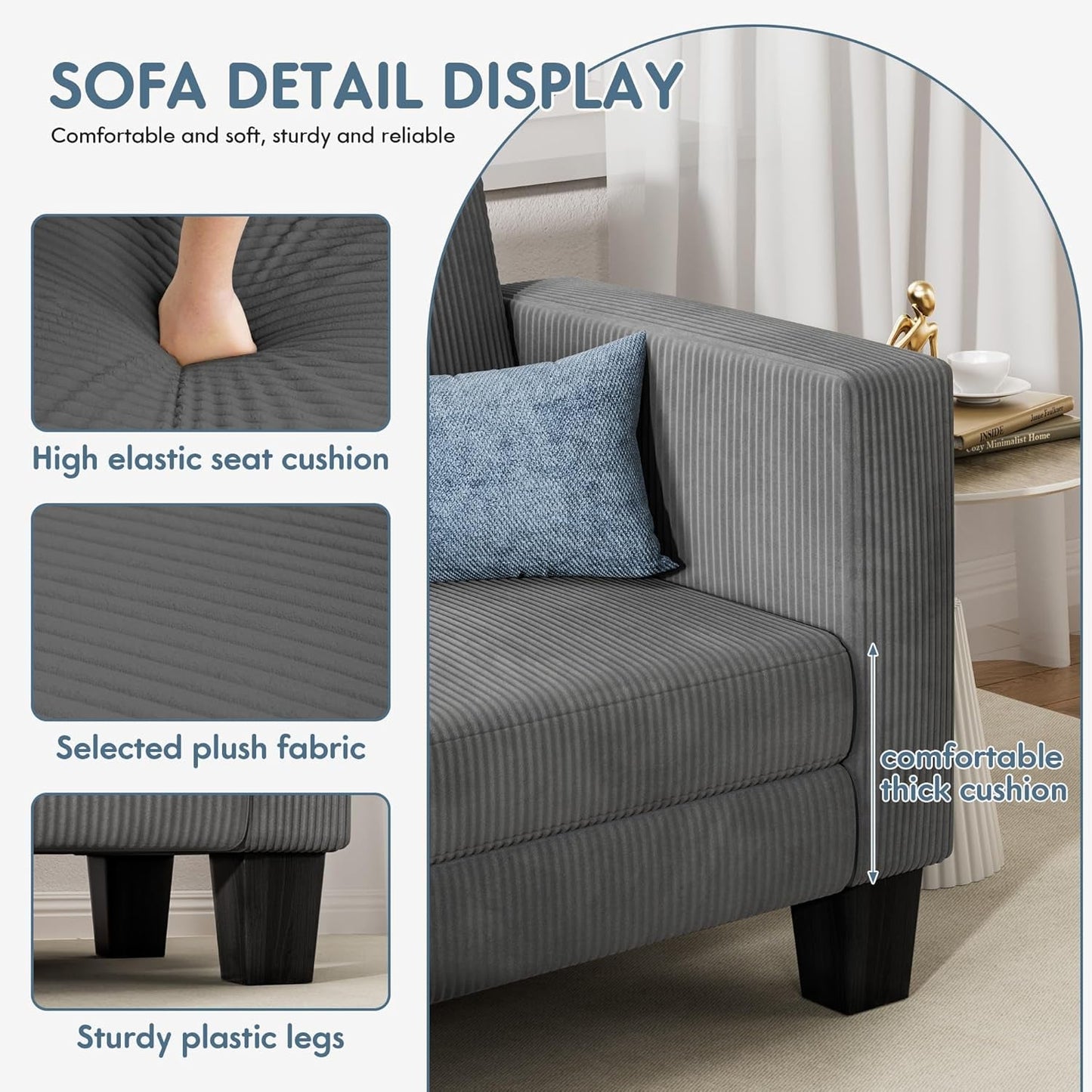 L-Shaped Convertible Sectional Sofa 3 Seater with Corduroy Fabric, Complete with Mobile Footrest, for Living Room, Apartment and Office, 70", Dark Gray-3
