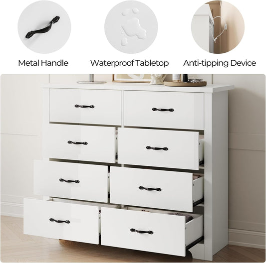 White 8-Drawer Dresser - Modern Bedroom Chest with Wide Drawers, Wood Storage Organizer for Bedroom or Living Room-1