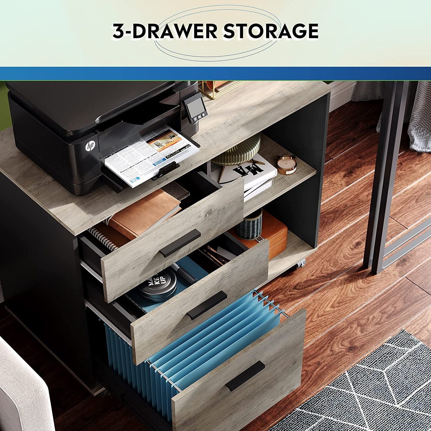 Mobile Wood File Cabinet with Printer Stand-3
