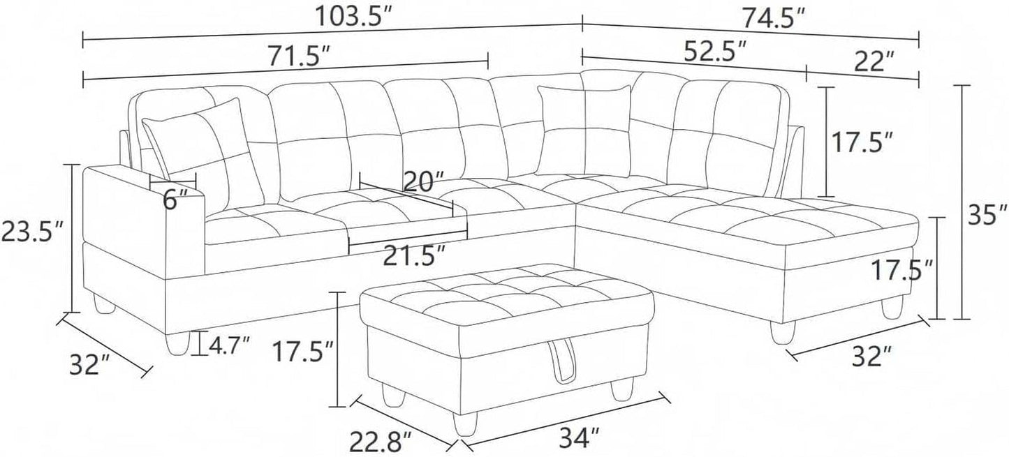 L-Shaped 3-Piece Lint and PVC Sofa with Storage Ottoman Set, Sectional Couch Sofa Set for Living Room, Office, Small Space, Dark Blue and Brown-2