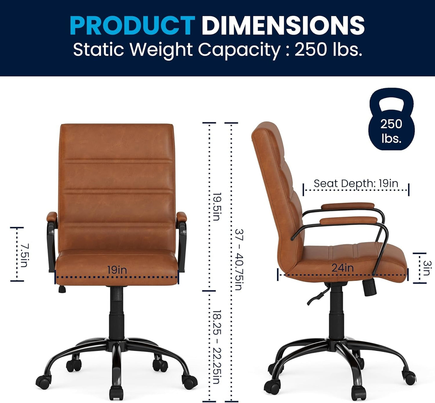 Whitney Mid-Back Swivel Leather Desk Chair with Padded Seat and Armrests, Adjustable Height Padded Leather Office Chair, Brown/Black-2