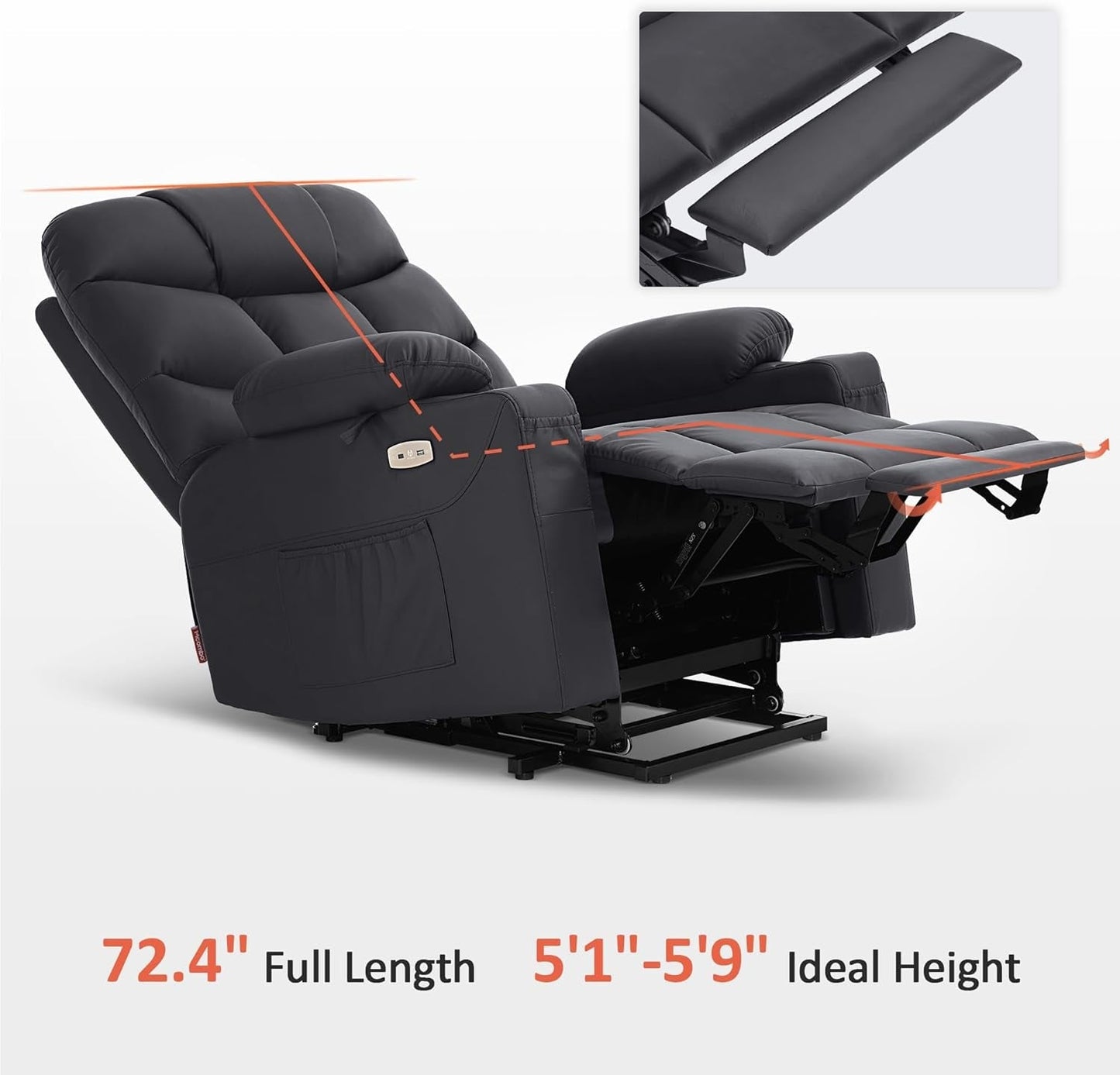 Power Lift Recliner Chair, 2 Cup Holders, USB Ports for Elderly People, Faux Leather 7287 (Black, Medium-Regular)-4