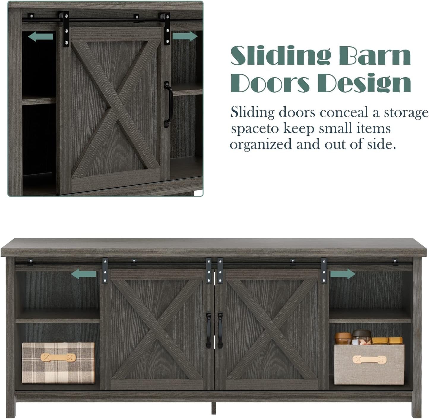 Modern Farmhouse TV Stand with Sliding Barn Doors, Media Entertainment Center Console Table for Tvs up to 65”,2-Tier Large Storage Cabinets,Rustic TV Stand for Living Room Bedroom,Dark Grey-4