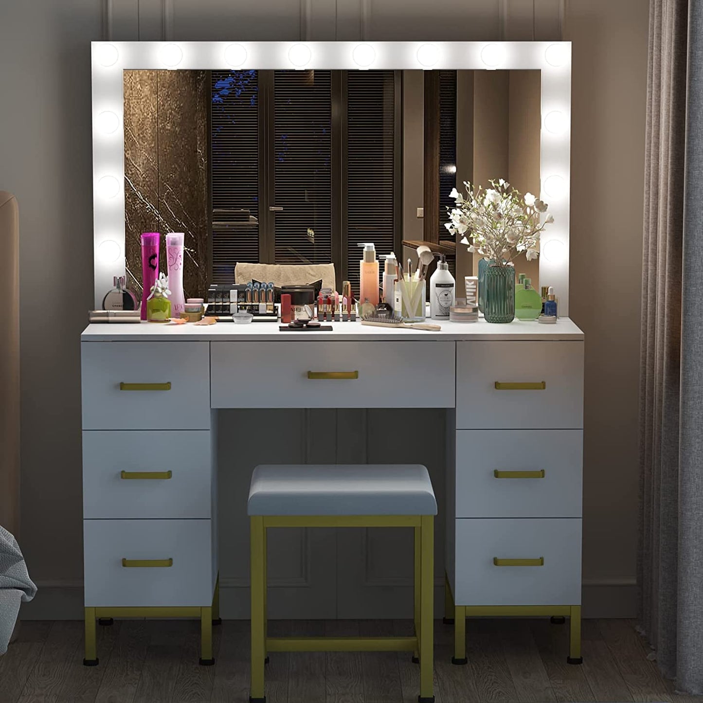 White Vanity Desk Set with Lighted Mirror-2