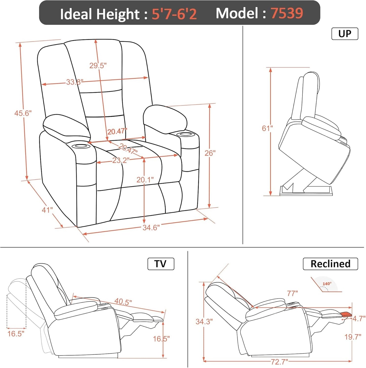 Large Power Lift Recliner Chair Sofa with Massage and Heat for Big and Tall Elderly People, 3 Positions, Cup Holders, and USB Ports, Faux Leather 7539 (Large, Black)-2