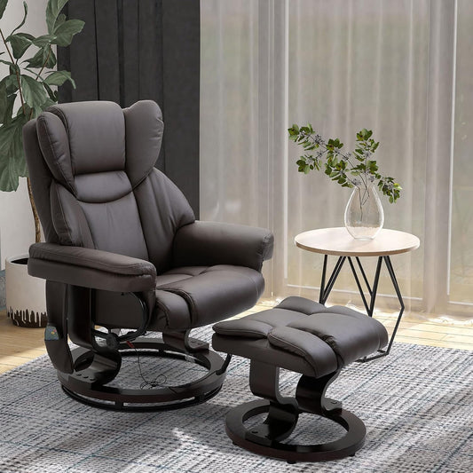 Massage Recliner Chair with Ottoman Footrest, 10 Vibration Points, 360° Swivel Reclining Chair, Faux Leather Living Room Chair with Side Pocket and Remote Control, Brown-1