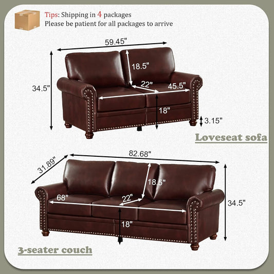 2-Piece Comfy Upholstered PU Leather Sofa Couch Set, Mid-Century Modern Loveseat Sofa+3 Seater Couch with Storage Space for Living Room, Furniture Set, Red Brown-1
