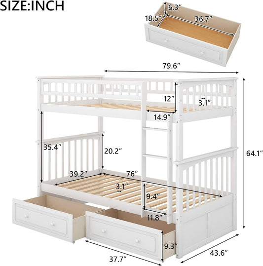 Harper & Bright Convertible Wood Twin-Over-Twin Bunk Bed with Storage Drawers and Ladder - Can Be Divided into Two Daybeds (White)-1