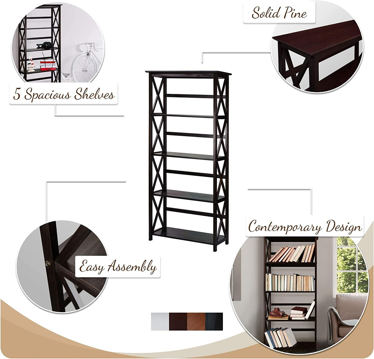 Espresso Montego Bookcase with 5 Shelves (New)-2