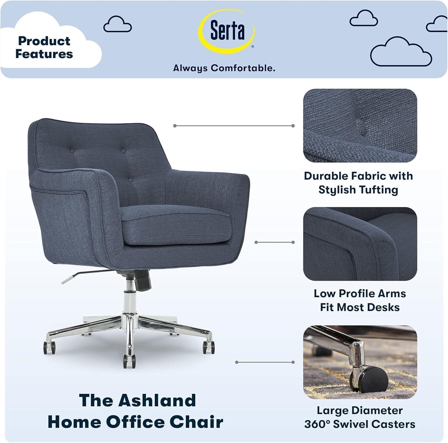 Ashland Home Office Desk Chair with Button Tufted Mid-Back, Memory Foam Cushion and Padded Arms, Mid Century Modern Vanity Armchair with Wheels for Bedroom, Chrome Metal Base, Blue-3