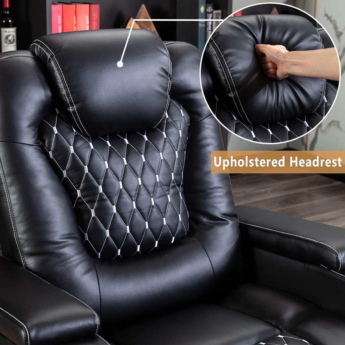 Power Recliner Chair with USB Ports and Cup Holders - Overstuffed Electric Home Theater Seating PU Leather Reclining Furniture with Hidden Arm Storage, Easy to Clean (Set of 2, Black)-4