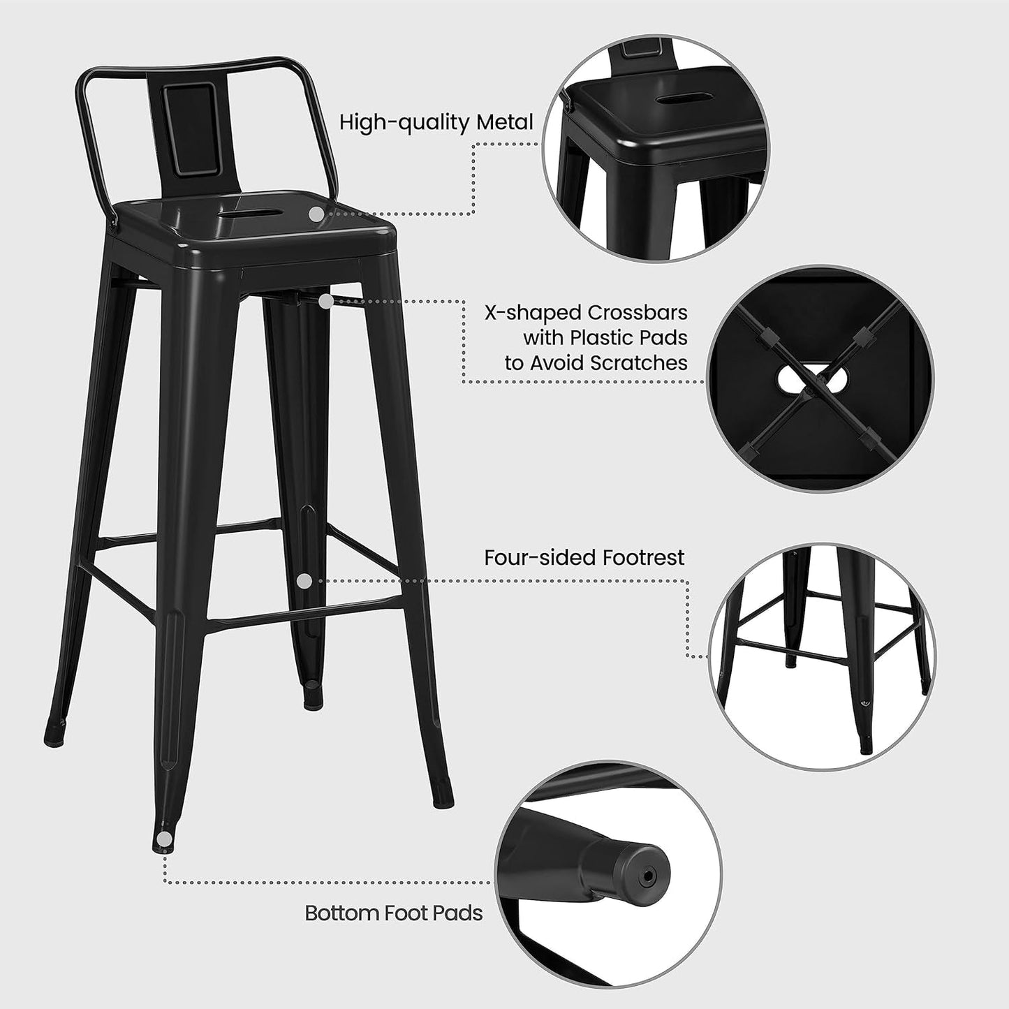 30 Inch Metal Bar Stools Set of 4 Bar Height Barstools Kitchen Chair Industrial Bar Stools with Low Back for Indoor Outdoor Use Matte Black-4