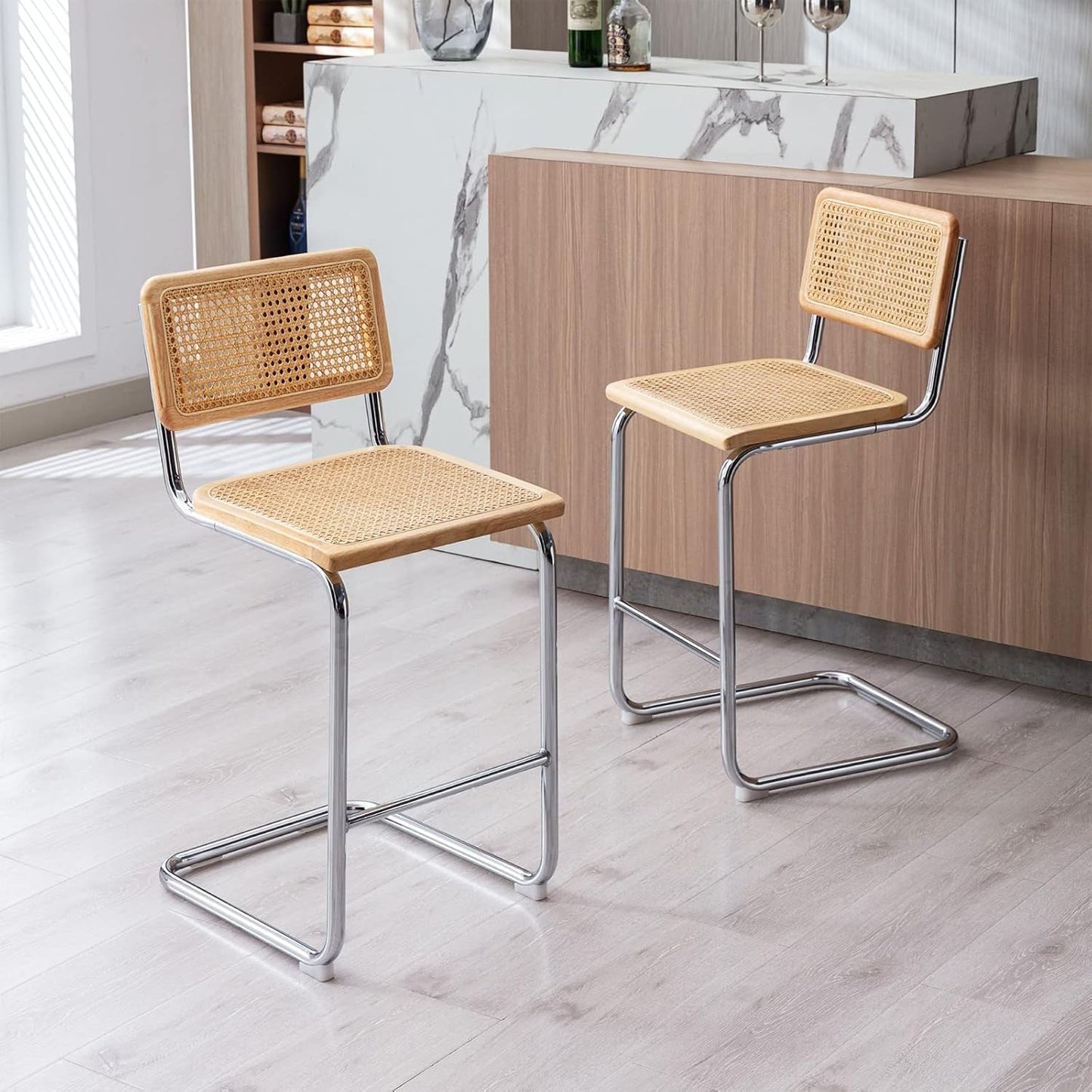 Rattan Bar Stools Set of 4, 24 Inch Modern Counter Stools with Cane Back, Low Back Barstools with Cane Seat, Counter Height Chairs with Metal Legs for Kitchen Island, Yellow-3
