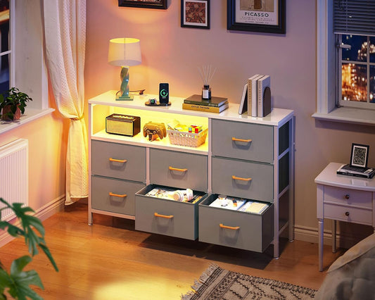 Dresser with LED Lights and Charging Station, 52-Inch Long Dresser for Bedoom with 7 Large Storage Drawers, Fabric Dresser TV Stand with Open Shelves, Light Grey-1
