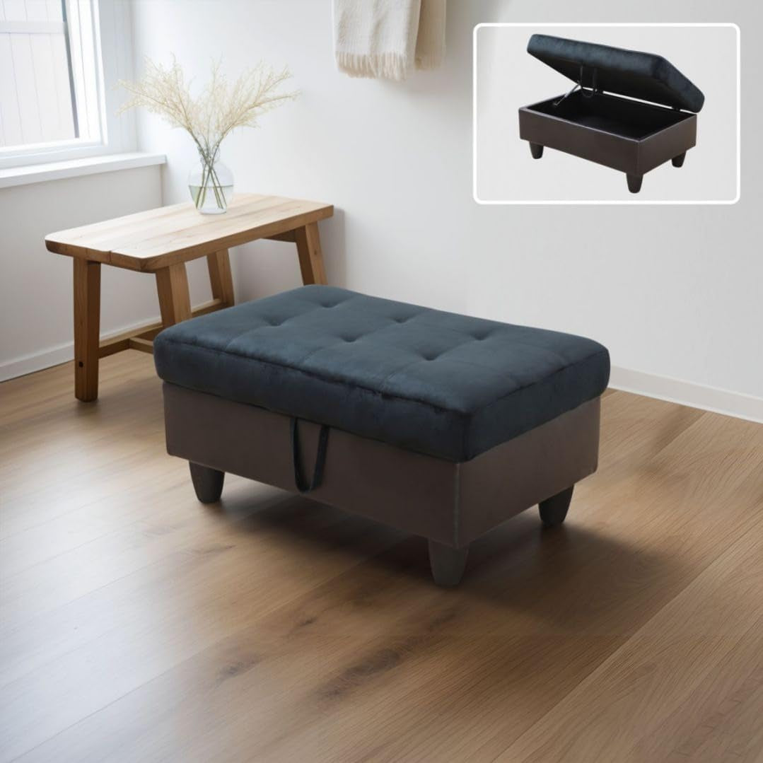 L-Shaped 3-Piece Lint and PVC Sofa with Storage Ottoman Set, Sectional Couch Sofa Set for Living Room, Office, Small Space, Dark Blue and Brown-3