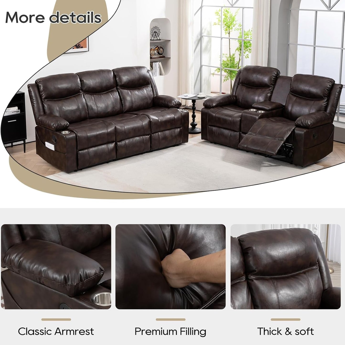 Recliner Sofa Set - Reclining Sofa Couch Set, 2 Pieces Recliner Furniture Sofa Set, 3-Seater Reclining Sofa & 2-Seater Reclining Loveseat with Massage & Heat for Living Room (Brown)-4