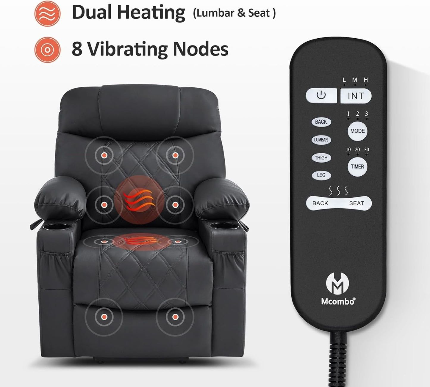 Small Size Power Lift Recliner Chair Sofa with Massage and Dual Heating, Adjustable Headrest for Elderly People Petite, USB Ports, Faux Leather 7111 (Black)-4