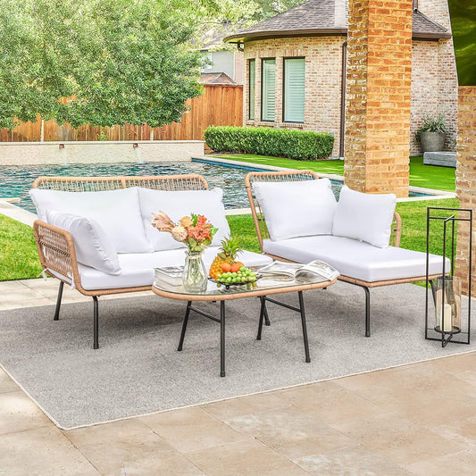 Outdoor Patio Furniture Set, Outdoor Sectional Conversation Rope Woven L-Shaped Sofa Set with Patio Table and Thick Cushions for Backyard Porch Balcony Garden, White-1