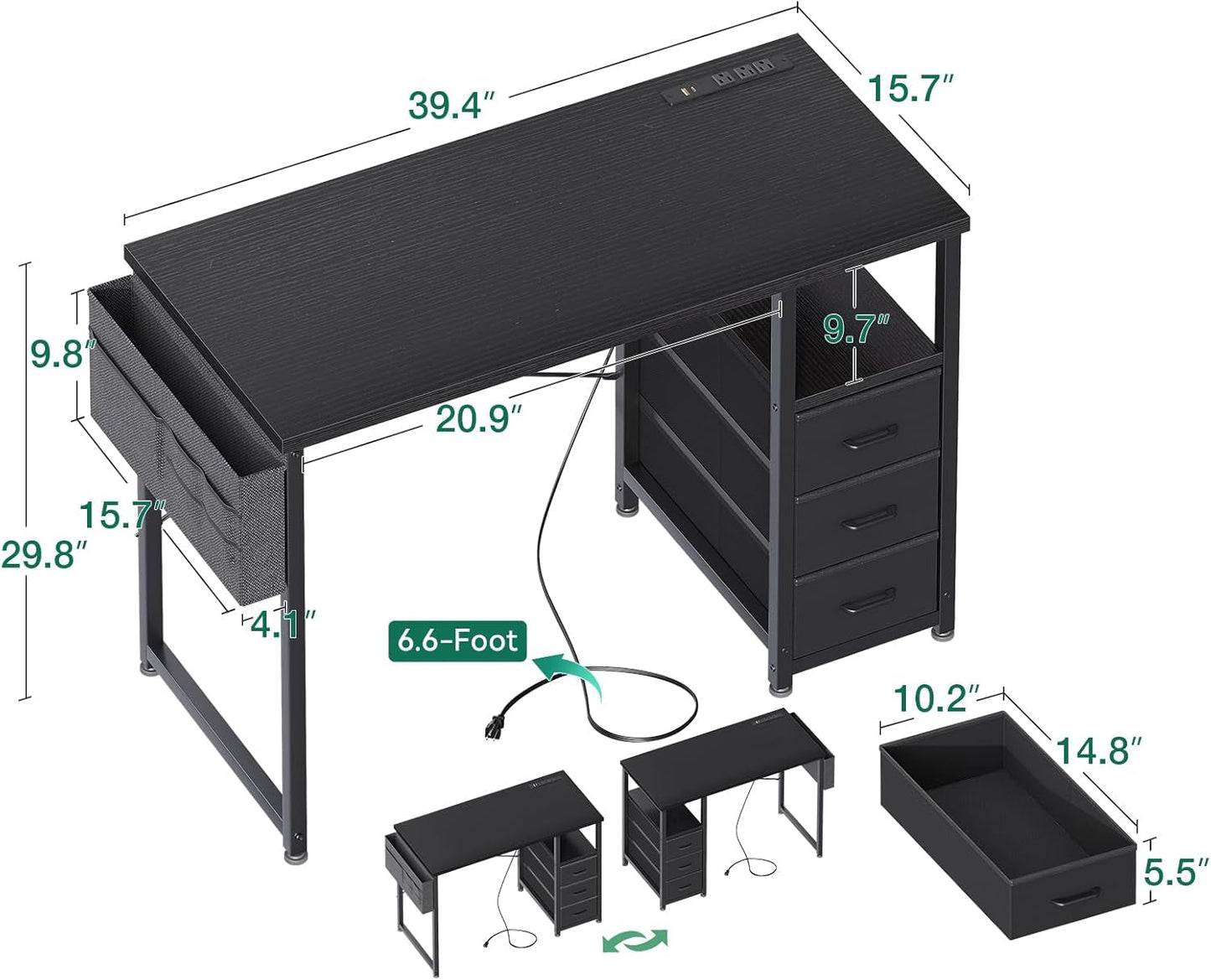 32-Inch Small Computer Desk with Fabric Drawers and Charging Station, Kids Girls Teen Study Writing Desk for Bedroom, Home Office Desk with Storage Shelf & Bag, Vanity Table for Small Space,Black-2